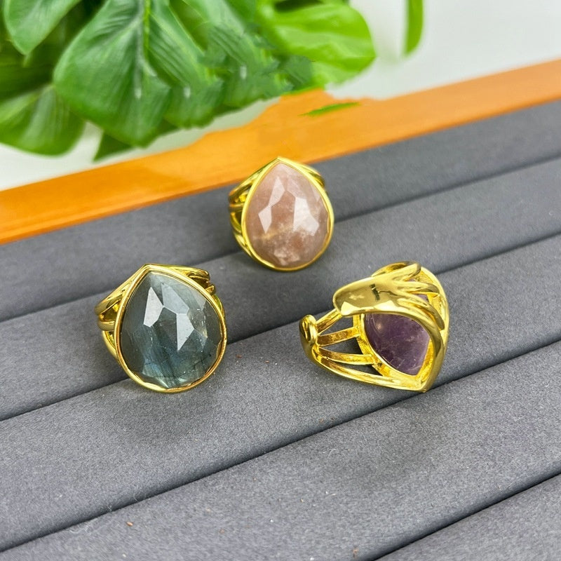 Amethyst Ring Drop Shaped Geometric Design Electroplated Unisex Bohemian Fashion Jewelry For Everyday Wear Collection