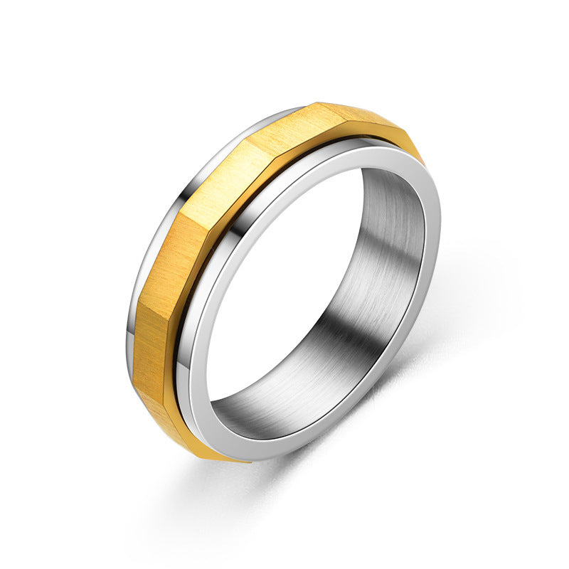 Unisex Black Gold Titanium Steel Ring With Diamond Cut Geometric Design Rotating Band Jewelry Electroplated Finish