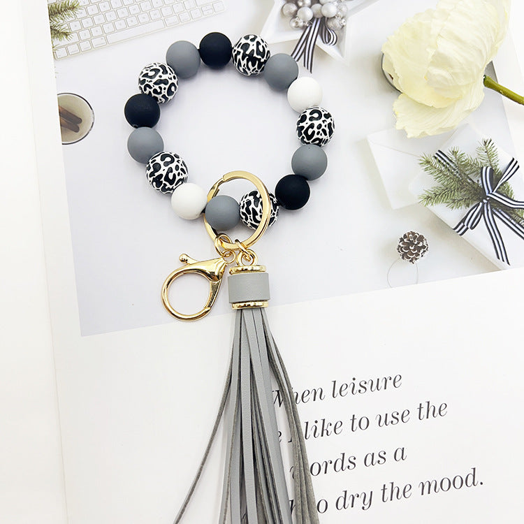 Wooden Bead Keychain Leopard Pattern White Background 21cm Length Round Beads For Pendants Bracelets Keychains