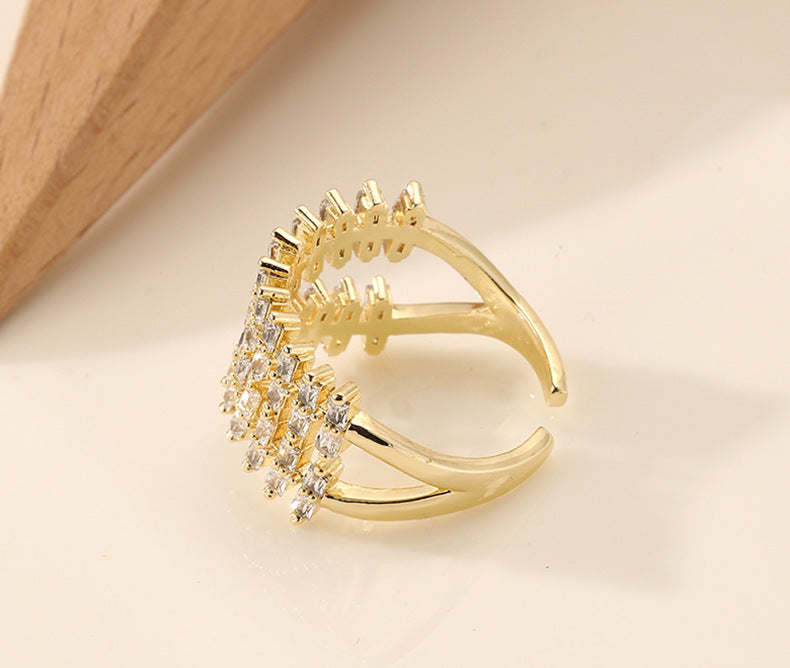 Adjustable Copper Zircon Ring For Women Gold Tone Line Geometry Ins Style Elegant Jewelry For Daily Wear Needs