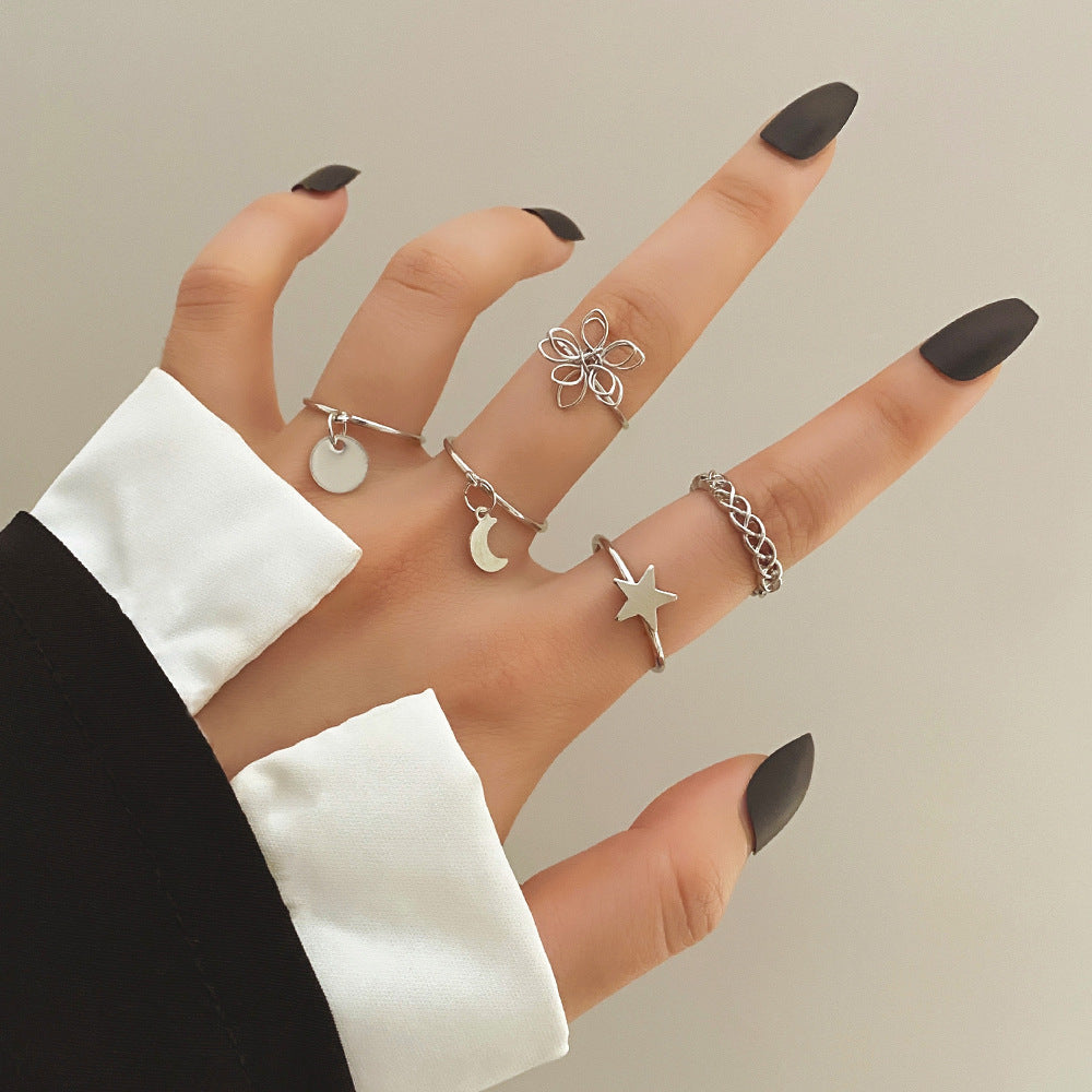 Unisex Geometric Ring Set Five Pointed Star Flower Alloy Fashion Jewelry Gold Tone Silver Tone 5 Piece For Him
