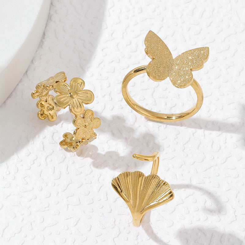 Womens Adjustable Open End Ring Stainless Steel Flower Butterfly Ginkgo Jewelry Fashion Flexible Electroplated