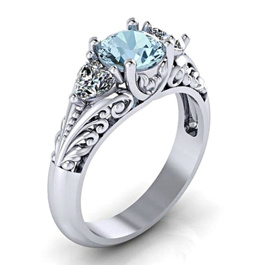 Sapphire Engagement Ring For Women Elegant Fashion Jewelry With Electroplated Alloy Finish In White Gold Tones