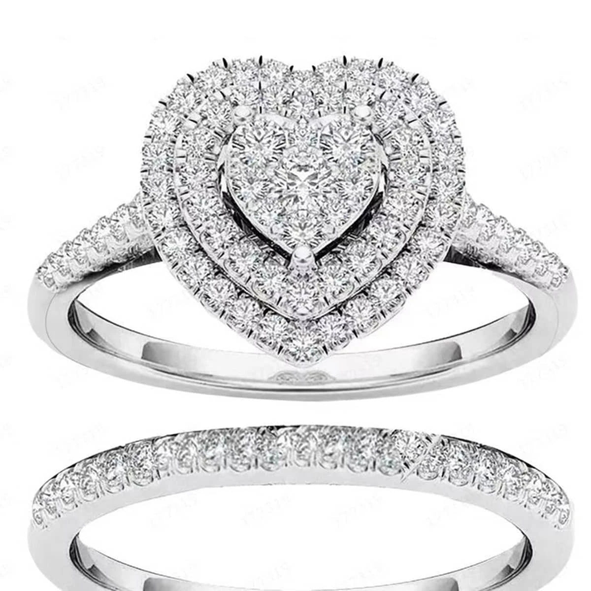 Womens Two Piece Heart Shaped Jeweled Alloy Ring Set Electroplated Gold Silver Rose Gold Finishes Sizes 5 6 7 8 9 10 11