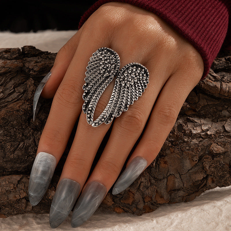 Geometric Wing Ring For Women Silver Aluminum Alloy Electroplated Fashion Jewelry Retro Hip Hop Punk Ring Solo