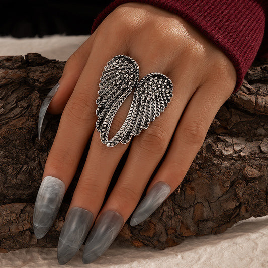 Geometric Wing Ring For Women Silver Aluminum Alloy Electroplated Fashion Jewelry Retro Hip Hop Punk Ring Solo