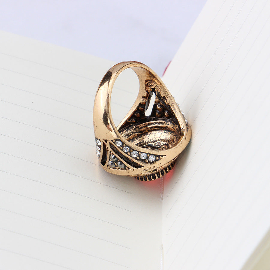 Womens Ring Retro Alloy With Artificial Gemstone Inlay Hollow Carved Design Gold Plated Ring For Women Natural