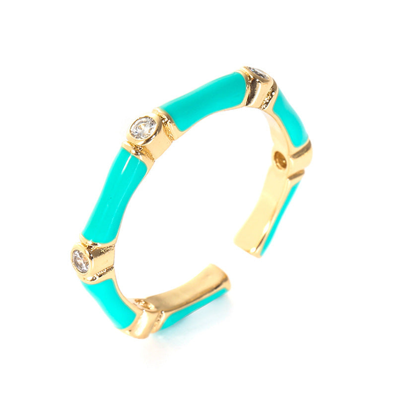 Womens Ring Zircon Set Drip Oil Copper Bamboo Design Adjustable Fashion Accessory Durable Statement Piece Size