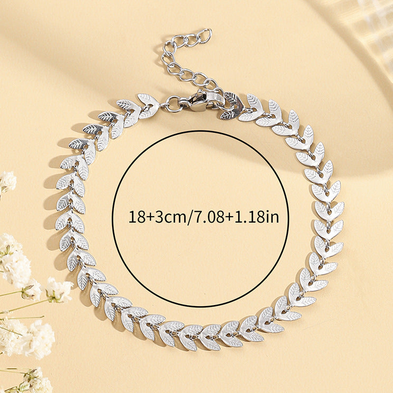 Stainless Steel Leaf And Wheat Bracelet For Women Simple Fashion Jewelry Elegant Design Steel Color Leaves For