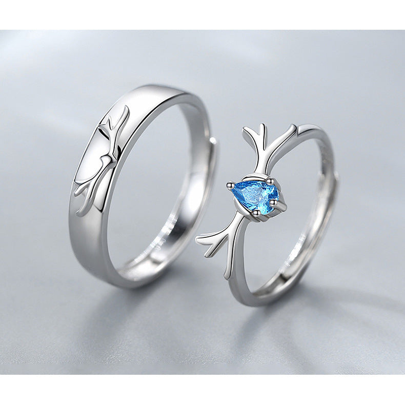 Sterling Silver Couple Ring Set Deer Design Adjustable Opening Matching Bands For Him And Her Promise Jewelry Gift