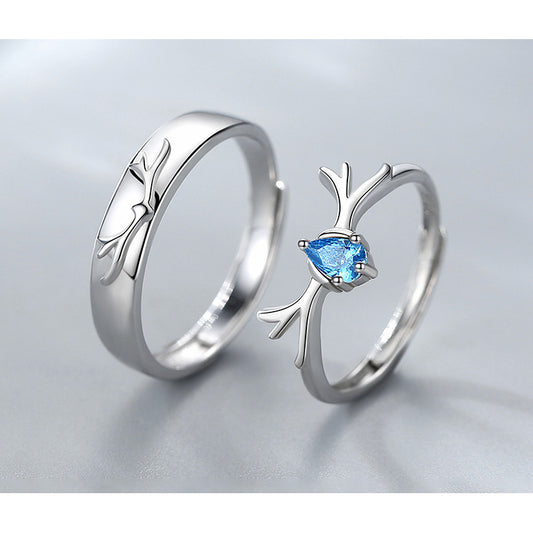 Sterling Silver Couple Ring Set Deer Design Adjustable Opening Matching Bands For Him And Her Promise Jewelry Gift