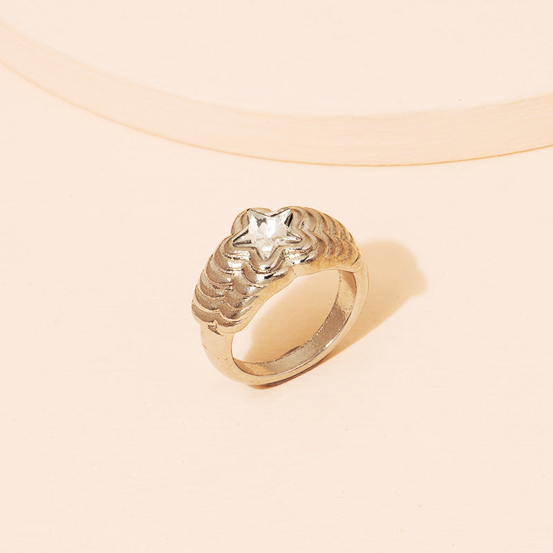 Unisex Alloy Five Pointed Star Ring Korean Fashion Electroplated Inlaid Gems Jewelry Accessory Timeless Fashion Glam