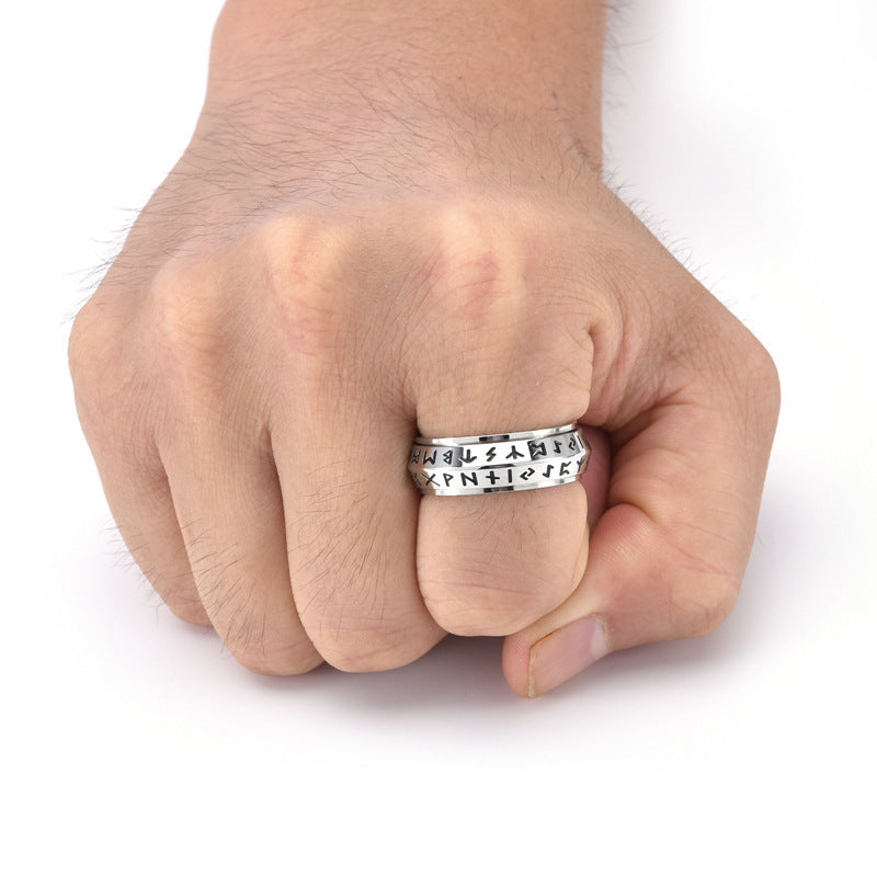 Mens Titanium Steel Rotatable Rune Ring With Viking Style Inlays For Men Geometry Silver Gold Black Durable Craft