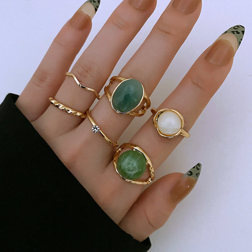 Unisex Knuckle Rings 6 Piece Geometric Alloy Set With Artificial Beryl Inlay Retro Metal Fashion For Daily Wear