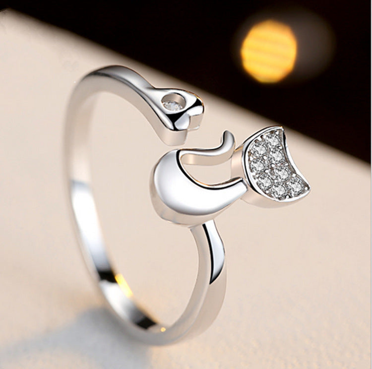 Womens Cat Zodiac Ring Gold Plated Copper Adjustable Gemstone Accent Jewelry Korean Style Animal Ring Elegant
