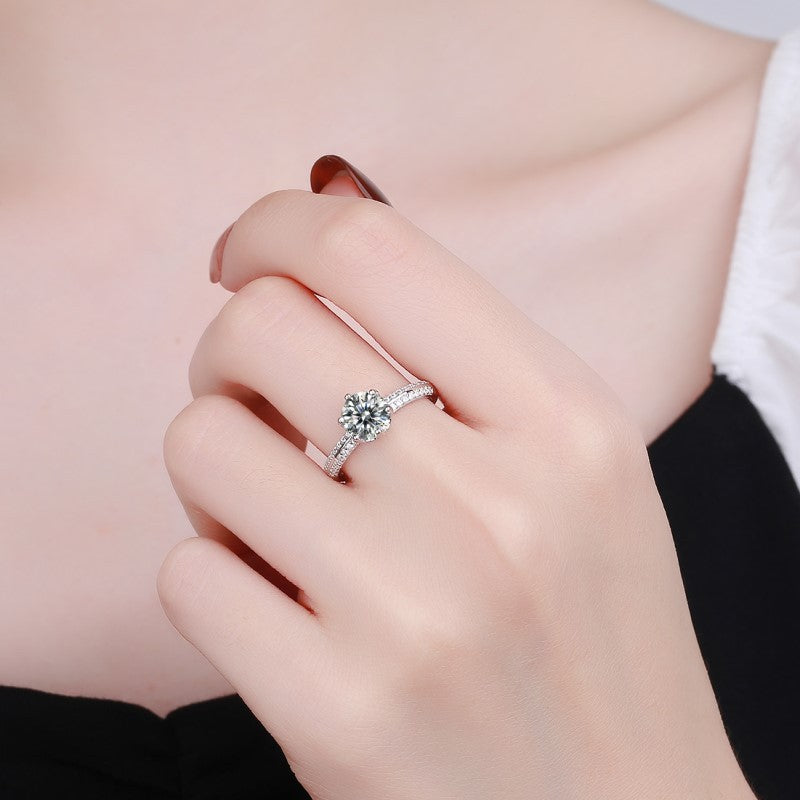 Sterling Silver Ring Double Row Six Claws Zircon Adjustable Opening Geometric Design Ring For Women 925 Silver