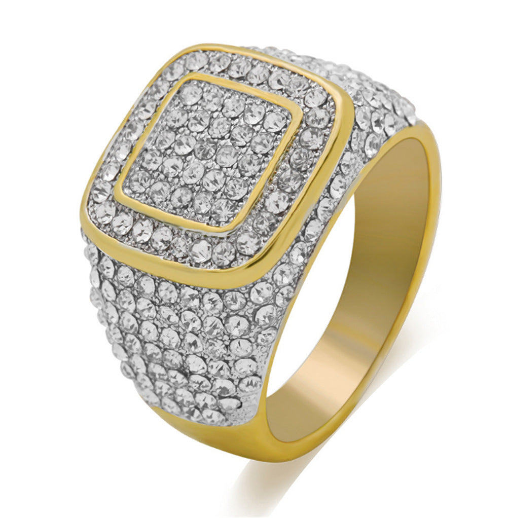 Mens Gold Plated Ring Geometric Alloy Ring With Diamond Inlay European American Design Fashion Jewelry Quality