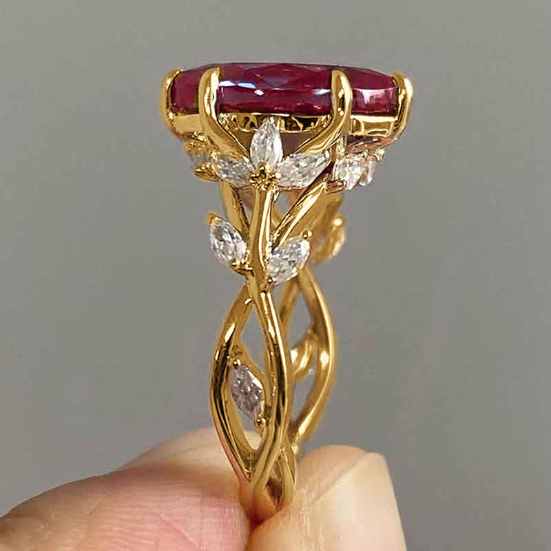 Zircon Ring Female Court Leaf Vine Design Inlaid Zircon Copper Band Leaves White Blue Red Green Purple Size Six