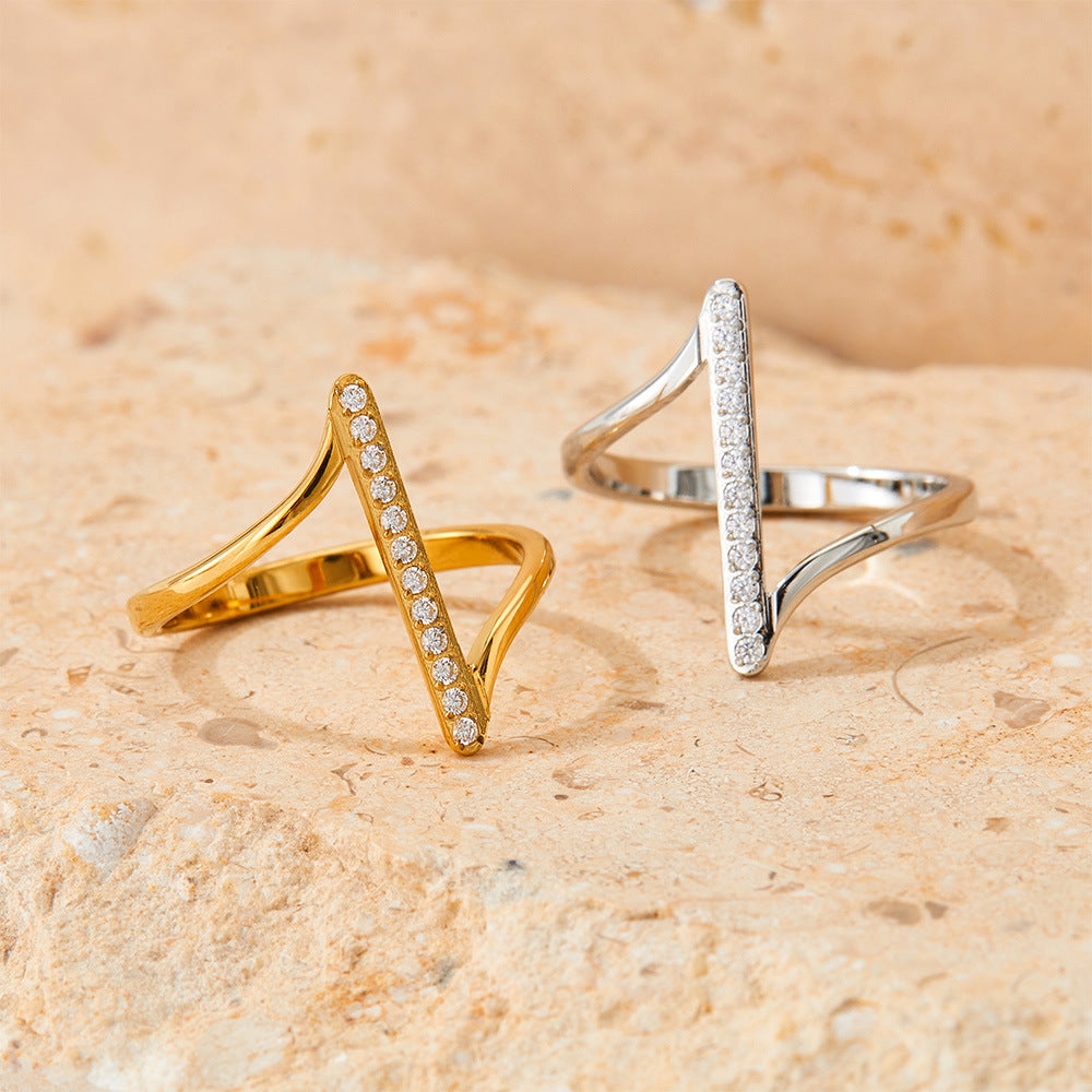 Women's Stainless Steel Index Finger Ring with Wave Design Micro Zircon Inlaid Open Ring Fashion Jewelry for Her Gold or Silver Finish