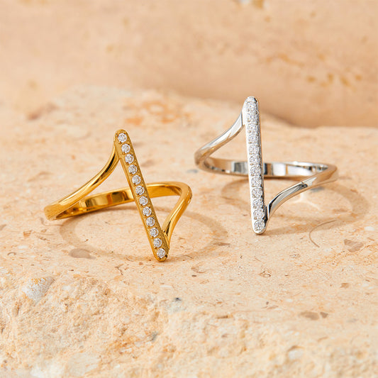 Women's Stainless Steel Index Finger Ring with Wave Design Micro Zircon Inlaid Open Ring Fashion Jewelry for Her Gold or Silver Finish