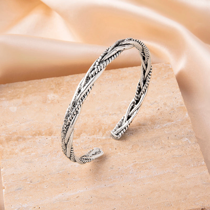 Vintage Twist Braided Open Bracelet Or Geometric Bangle For Women Or Men Fashion Zinc Alloy Silver Bangle 6 cm