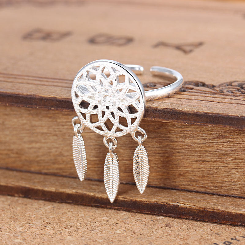 Womens Ring Adjustable Silver Plated Copper Ring With Geometric Dream Catcher Design Fashion Jewelry Gift Idea