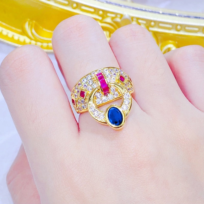 Adjustable Copper Ring With Diamond Zircon Geometric Ellipse Retro Style for Women Elegant Everyday Style Glow