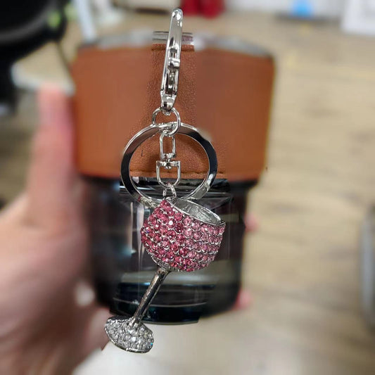 Metal Wine Glass Keychain 3D Key Ring European Style Silver Purse Charm Gift Idea For Women And Men Color Pink