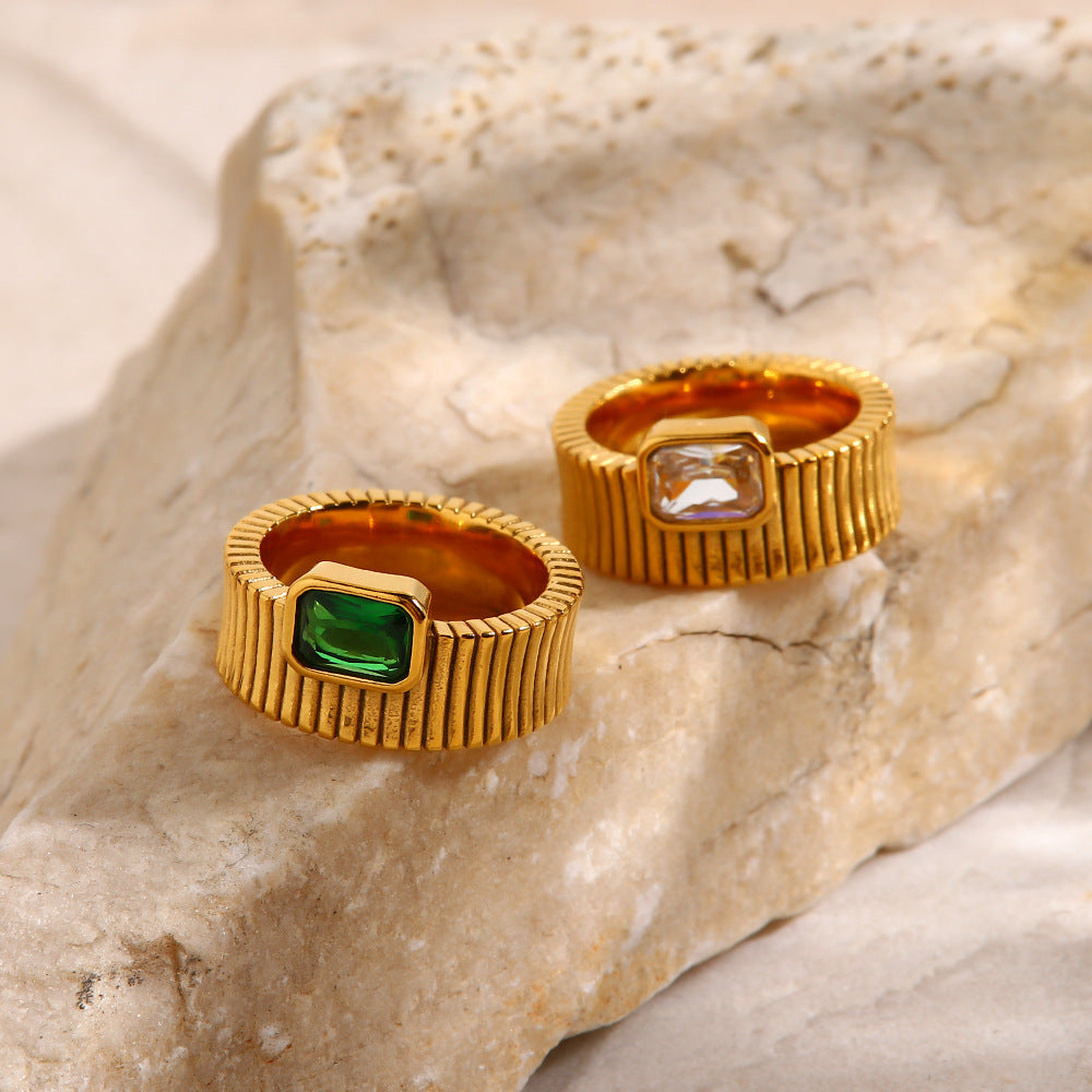 Geometric Inlaid Zircon Stainless Steel Ring For Women