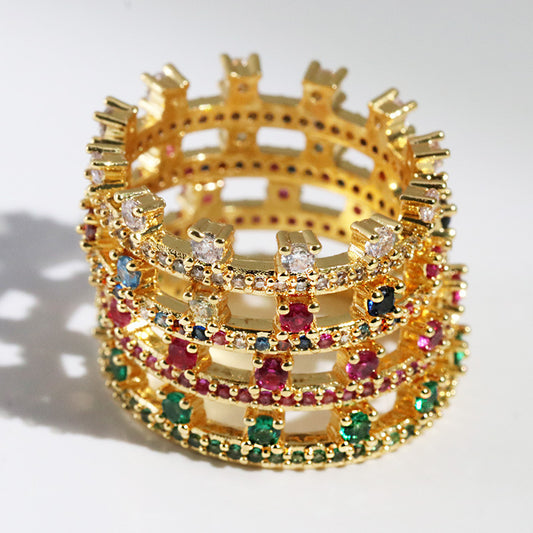 Ladies Fashion Crown Ring Geometric Diamond Ring Copper Heart Ring Gold-Plated Inlaid Artificial Gemstone Ring for Women Girls White Green Rose Color