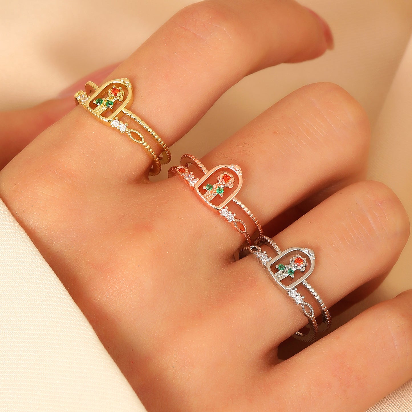 Rose Flower Open Adjustable Band Diamond Elegant Ring Fashionable Copper Ring Special Design Ring Rose Womens