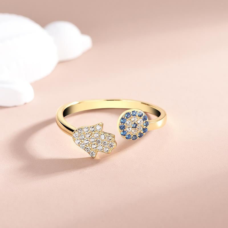 Sterling Silver Demon Eye Ring With Palm Design Adjustable Open Band Zircon Inlay For Women High Quality Rings