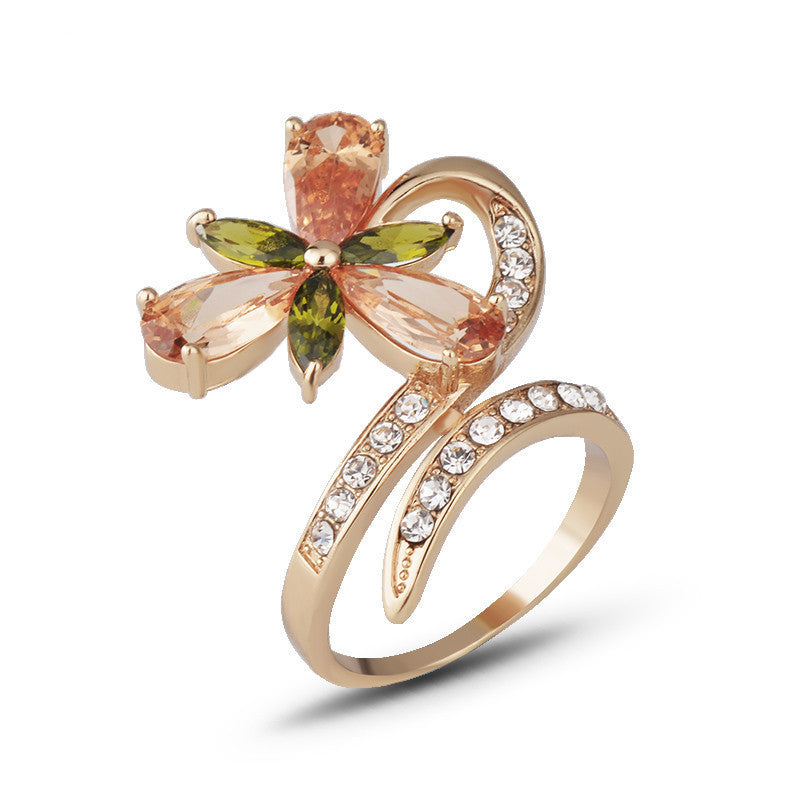 Women's Gold Ring with Water Drop Zircon Diamond Inlay Copper Flower Ring Hand Jewelry Fashion Ring Elegant Ring for Her Gift for Women