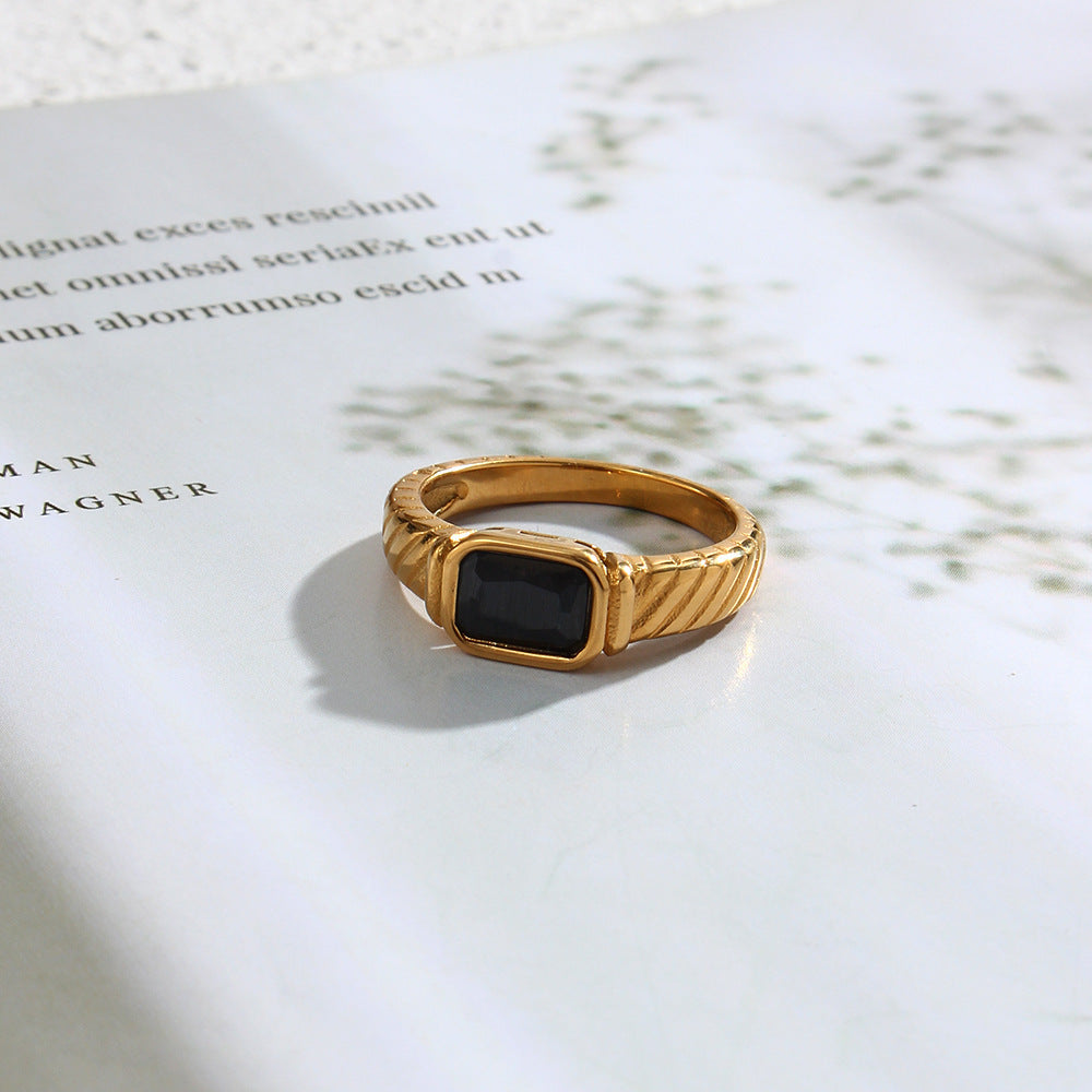 Geometric Square Stainless Steel Ring Women Striped Black Zircon Texture Electroplated Thin Jewelry Fashion Size 6 7 8
