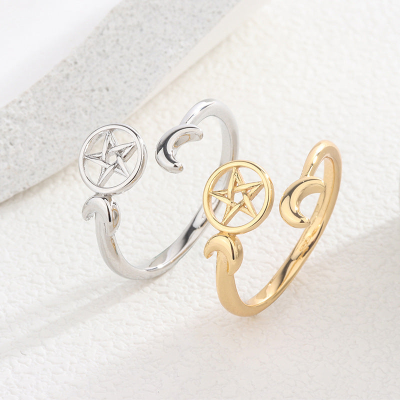Copper Ring With Moon And Star Motifs In 18K Gold Or White Gold Finish Adjustable Size For Everyday Style Gift