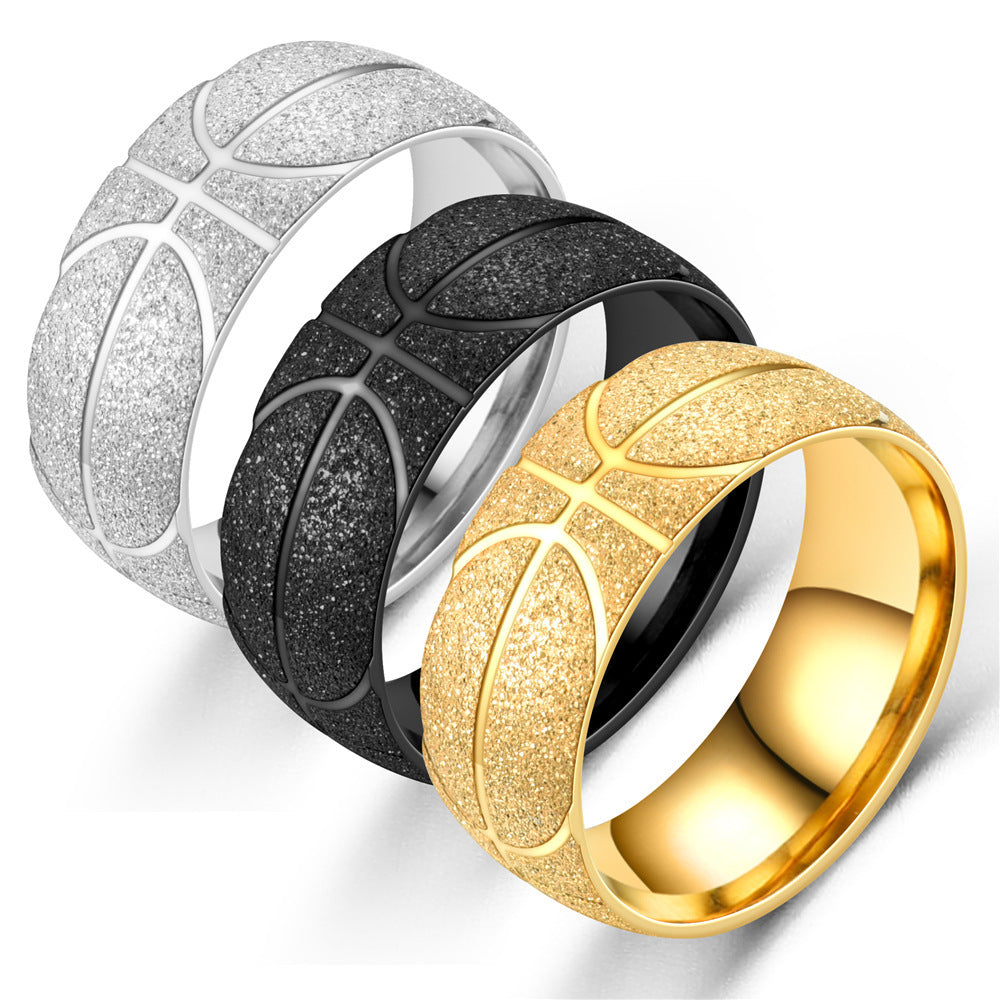 Mens Stainless Steel Ring With Basketball Pattern Geometric Design Black Silver Finish Gift For Men Everyday Wear