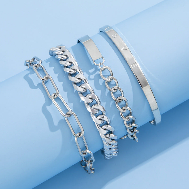 Womens Four Piece Alloy Bracelet Set With Geometric Charms And Love Letter Design In Golden And Silver Plating