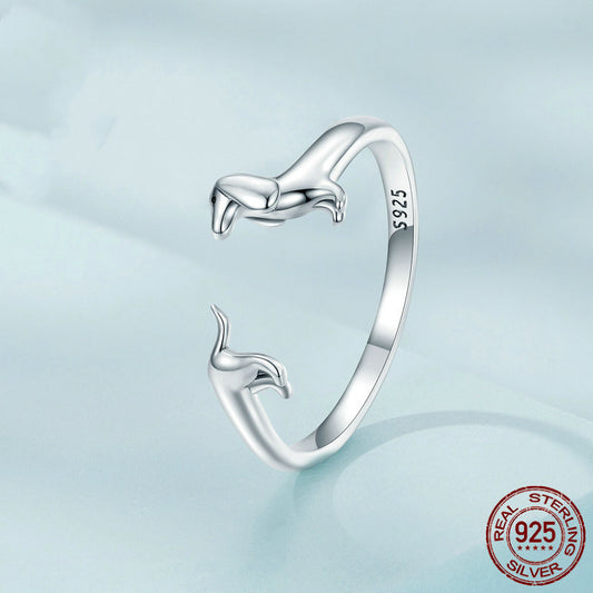 Sterling Silver Dachshund Ring Adjustable Oxidized S925 Geometric Sausage Dog Jewelry Gift For Sausage Dog Fan