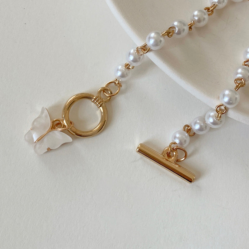 Gold Pearl Butterfly Bangle With Love Charms Bracelet