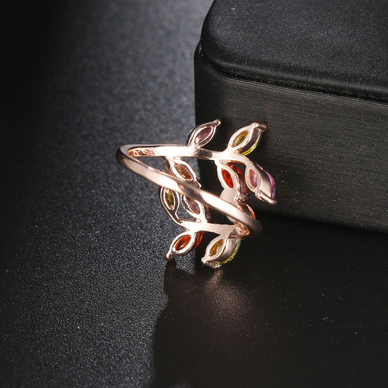 Leafy Zircon Ring Trees Branch Design Rose Gold Plated Copper Fashion Jewelry For Women Wears Trendy Accessory