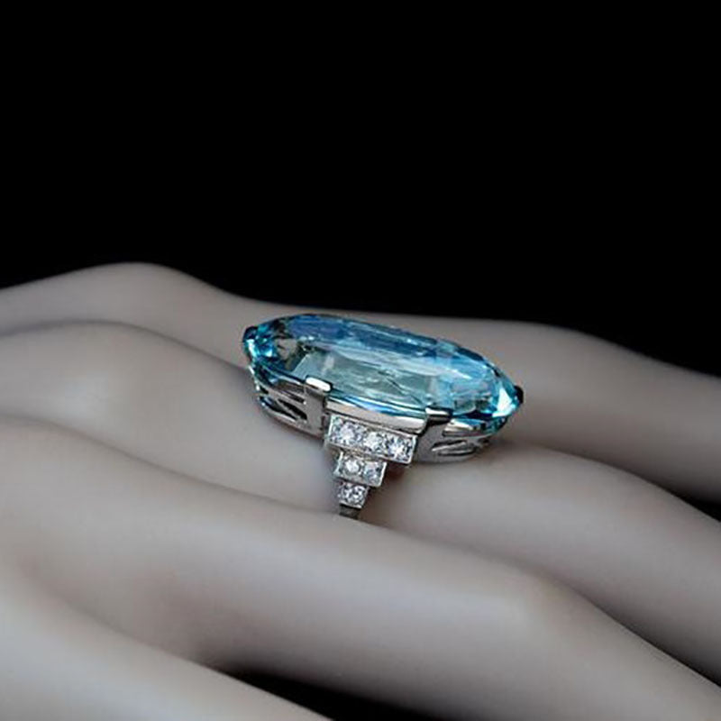 Womens Fashion Ring Elegant Drop Blue Crystal Rhinestone