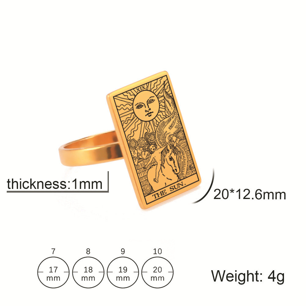 Unisex Tarot Card Ring Stainless Steel European American Patterned Jewelry Travel Souvenir Gift Accessory Men Women