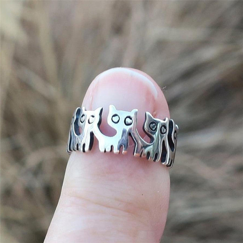 Electroplated Animal Ring Cute Black Cat Retro Thai Silver Design Copper Ring European American Zodiac Jewelry