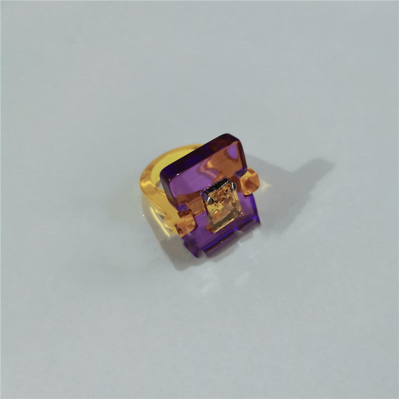 Womens Acrylic Square Ring Geometric Gemstone Fashion Statement European American Design Versatile Jewelry Accessory
