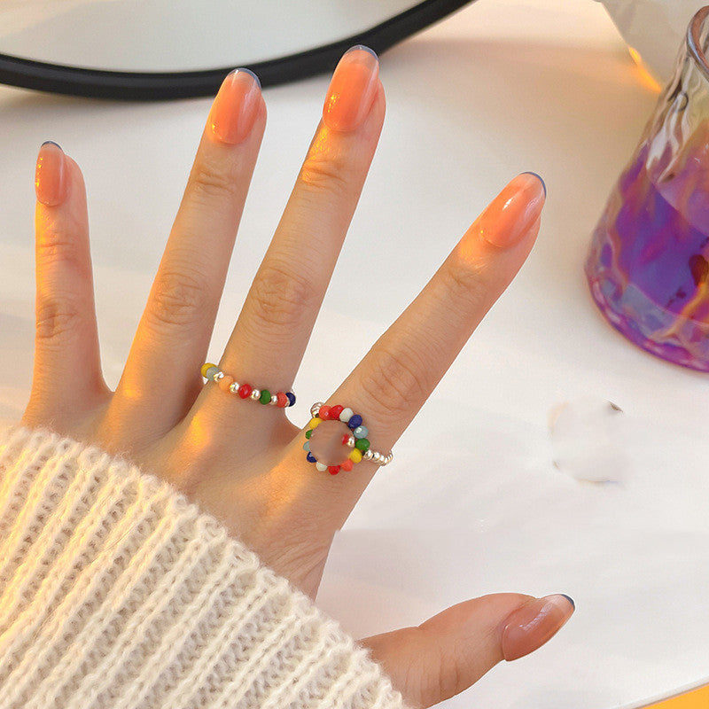 Womens Adjustable Crystal Beaded Ring Copper Band With Plant Flower Design Electroplated Fashion Jewelry Rings