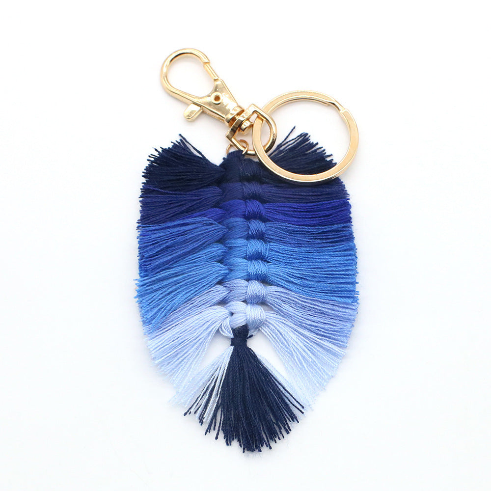 Handwoven Key Chain With Tassel And Leaf Pendant Cotton Rope Key Chain Accessory Unisex Bag Charm Beige Modern