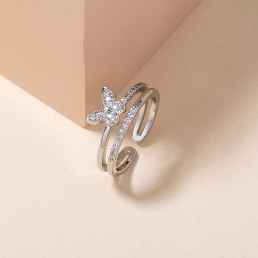Copper Zircon Butterfly Ring Adjustable Geometric Design