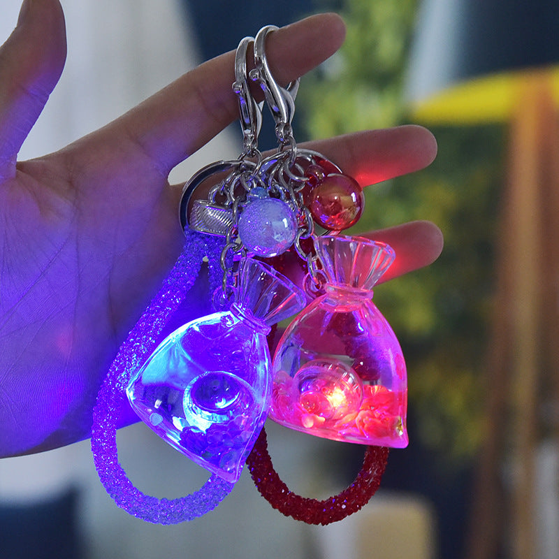 Yellow Acrylic Keychain With Liquid Quicksand Money Bag Design Rope Accent Fashion Accessory Durable Plastic Finish