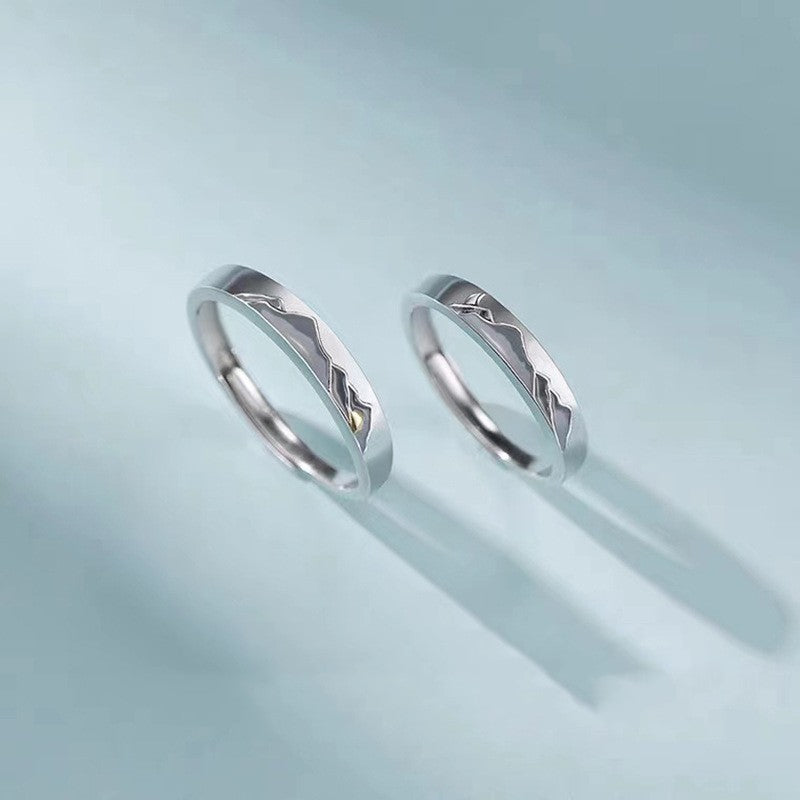 Couple Ring Set Mountain Shaped Matching Bands For Him And Her Sunrise Moon Antithetical Drop Design For Pairs