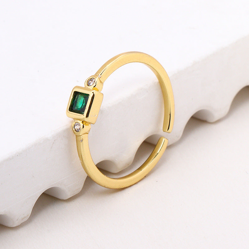 Geometric Square Zircon Ring With Green And Rose Red Inlays